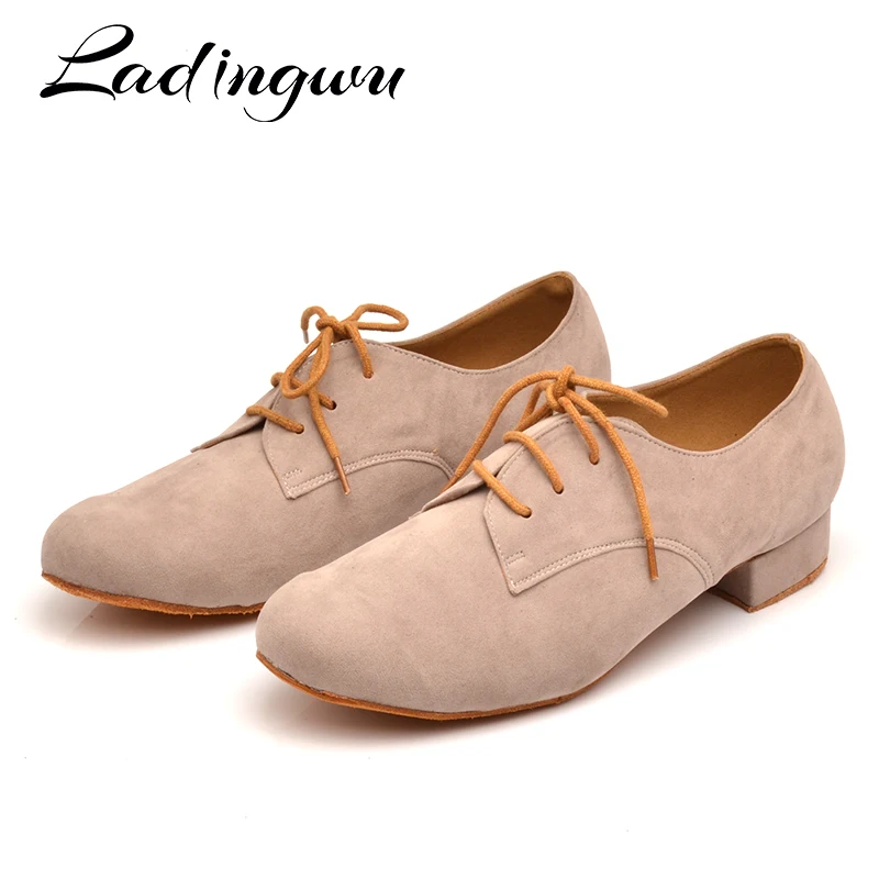 Ladingwu Men\'s Suede Ballroom Dance Shoes Flats Modern Dance Shoes Light Brown Tango Party Wedding Square Dance Shoes