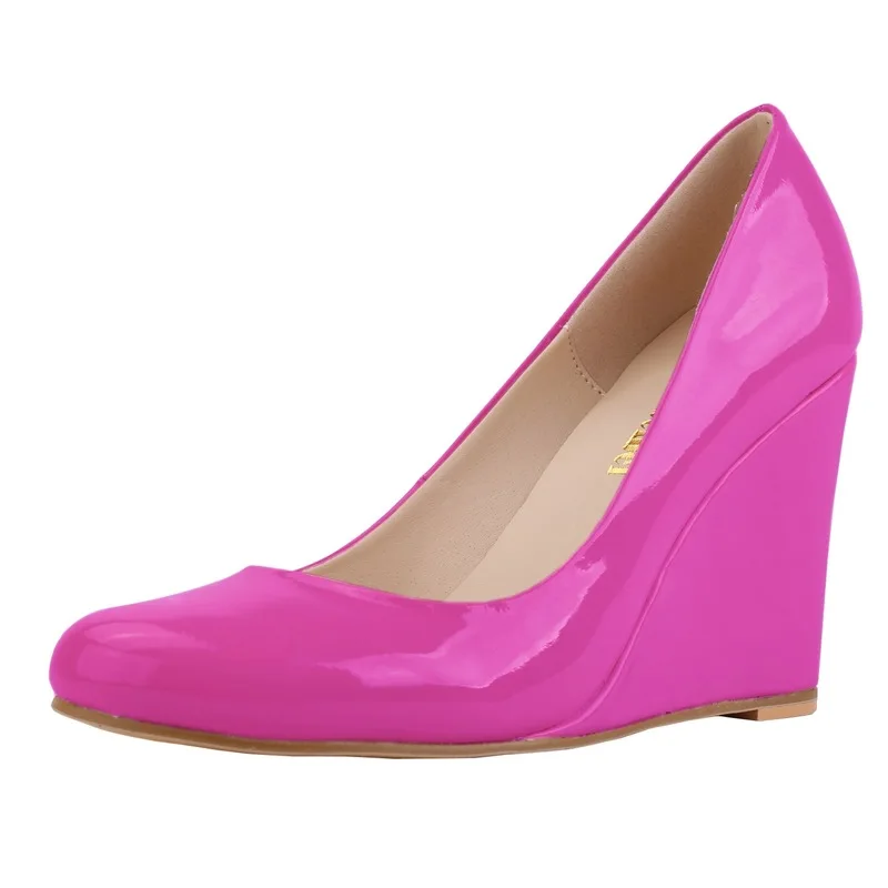 Sexy Pumps Wedding Women Fetish Shoes Party Classic Round Toe Patent Leather 10CM Wedges High heels Slip On 2023 size 35-42 pink