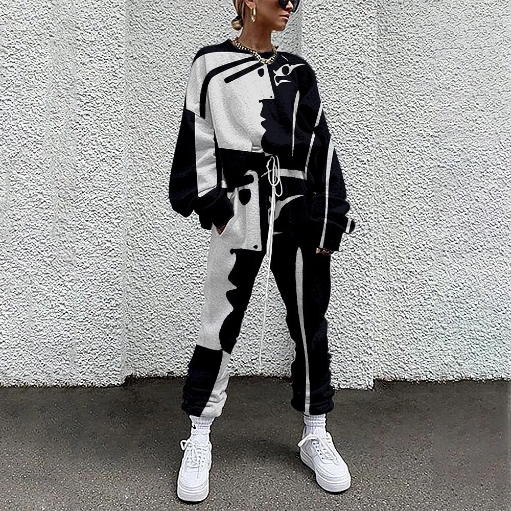 Oversize Winter Autumn Art Printed Women Tracksuit Hoodies 2 Piece Set Sweatshirt Pants Women Sport Suit Winter Sportswear