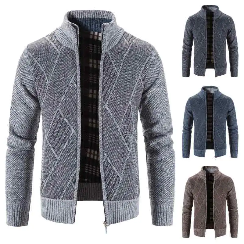 Classic Men\'s Sweater Coat Casual Turn-down Cardigan Fashion Stripe Zipper Up  Long Sleeve Thermal Fleece Jumper Jacket