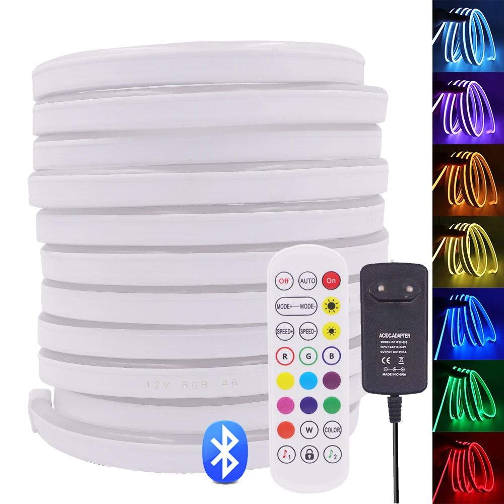 Tira de luz de neón RGB con Control de música, cinta Flexible de 5050 LED, CC de 12V, Bluetooth, fuente de alimentación