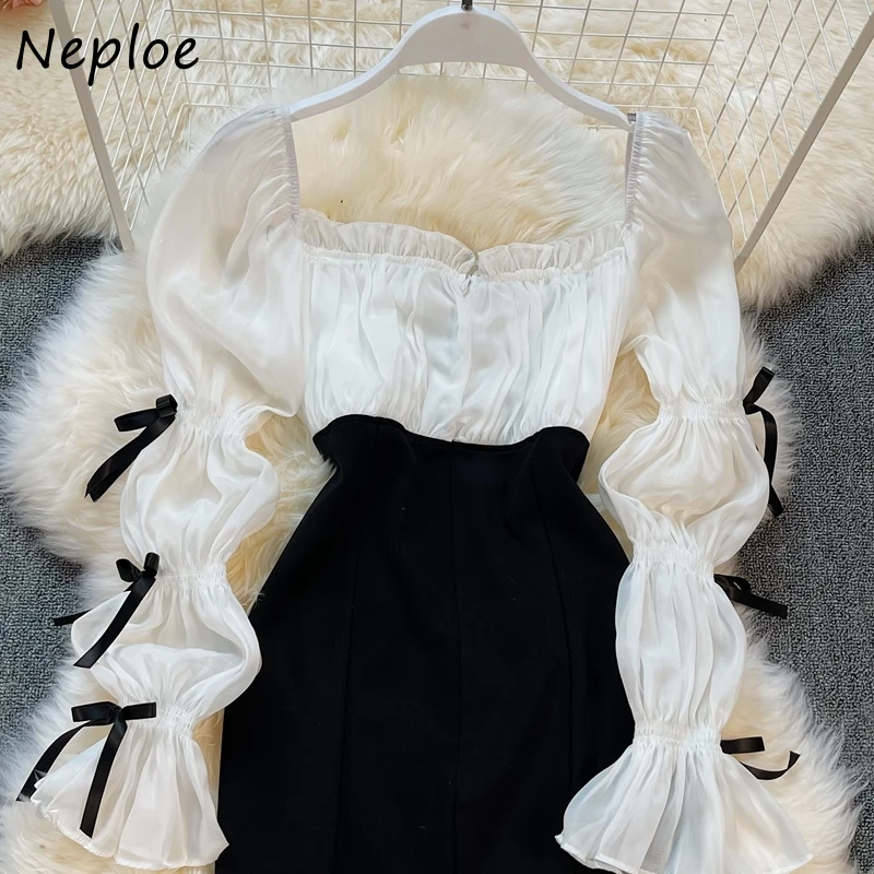 Neploe elegancka Hollow Out kokarda bez pleców ściągane sznurkiem Vestidos kobieta kwadratowy kołnierzyk Patchwork przycisk Hip dopasowana sukienka