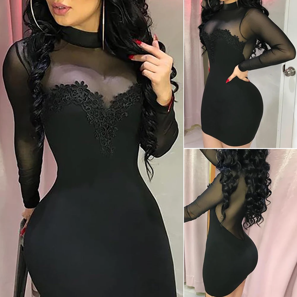 

Women Hip Dress Solid Color Lace Mock Neck Long Sleeve See Through Mesh Slim Dress for Cocktail Parties Bars Night Clubs y2k