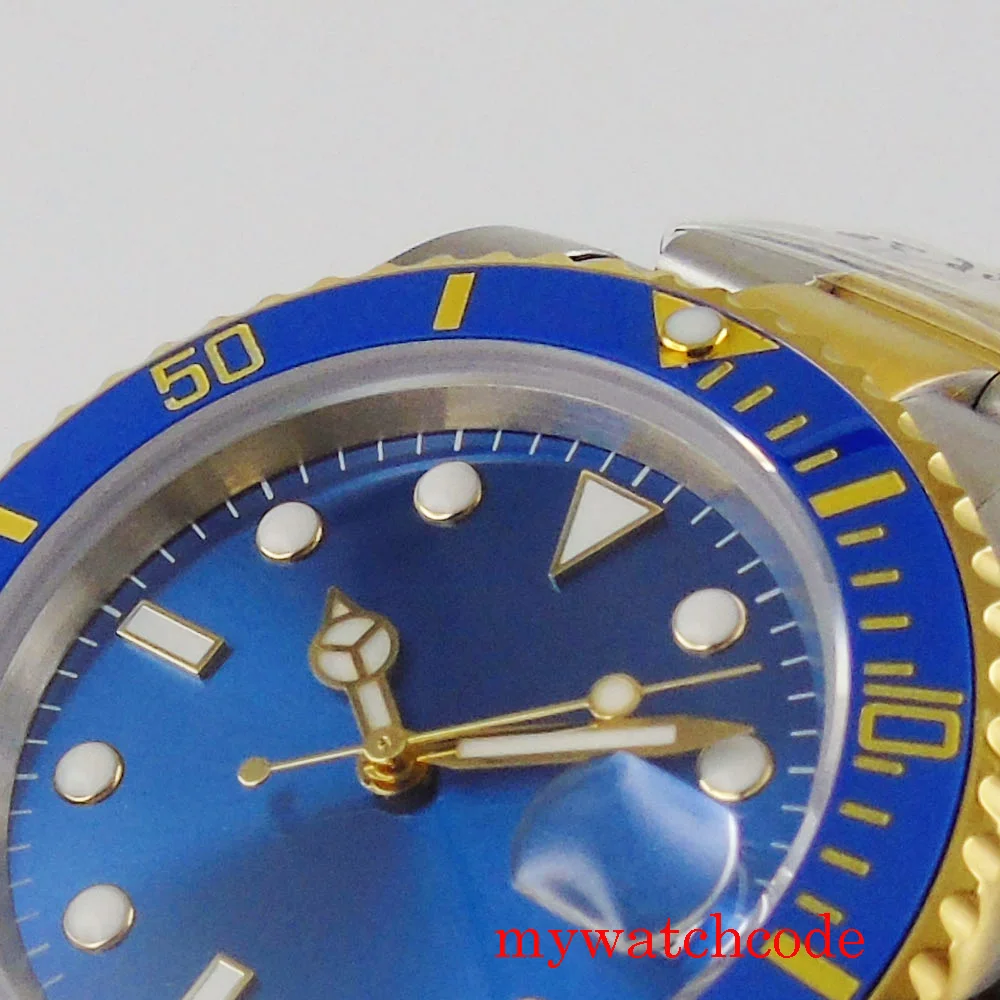 Nologo Two Tone Gold Blue SUB Automatci Watch Men NH35 PT5000 MIYOTA 100M WATERPROOF Sunburst Blue Dial 904L Band Reloj Hombre