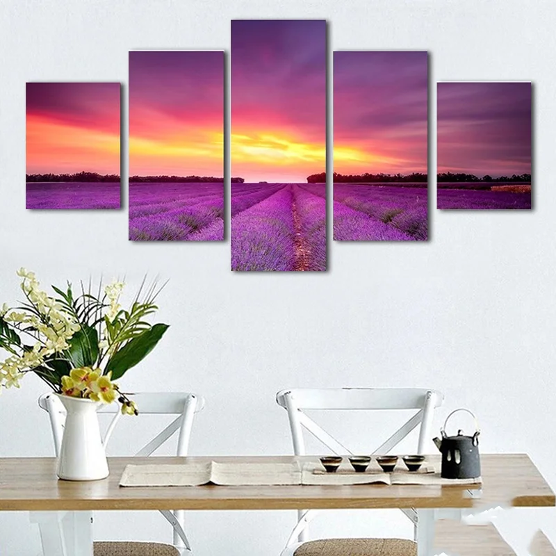 

Modern Sunset Landscape Canvas Painting Framed Printed Wall Art Pictures Poster Room, Home Decor, Romantic, Lavender, Sea, 5 Pcs