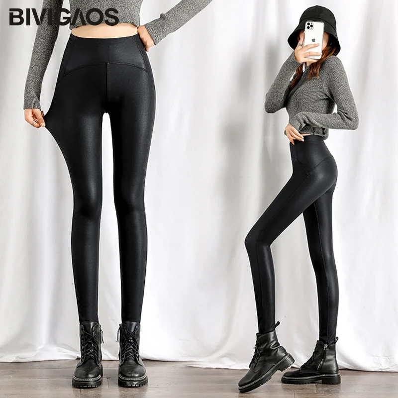 Bivigaos Herfst Winter Zwart Fleece Matte Leren Leggings Vrouwen Hoge Taille Sexy Motorbroek Slanke Skinny Warme Leggings