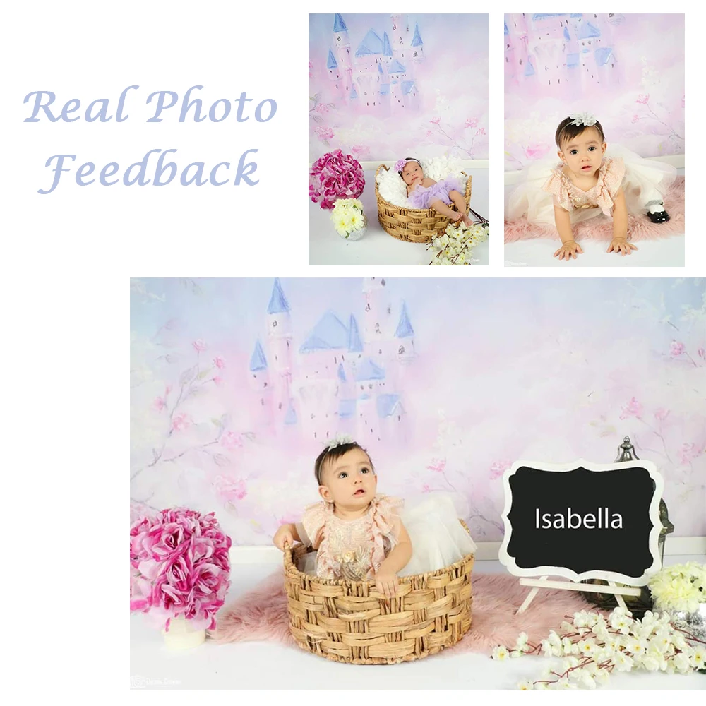 판타지 성-신생아 아기 초상화 배경 보라색 꽃 꿈꾸는 성 배경 소녀 예술 사진 스튜디오 소품