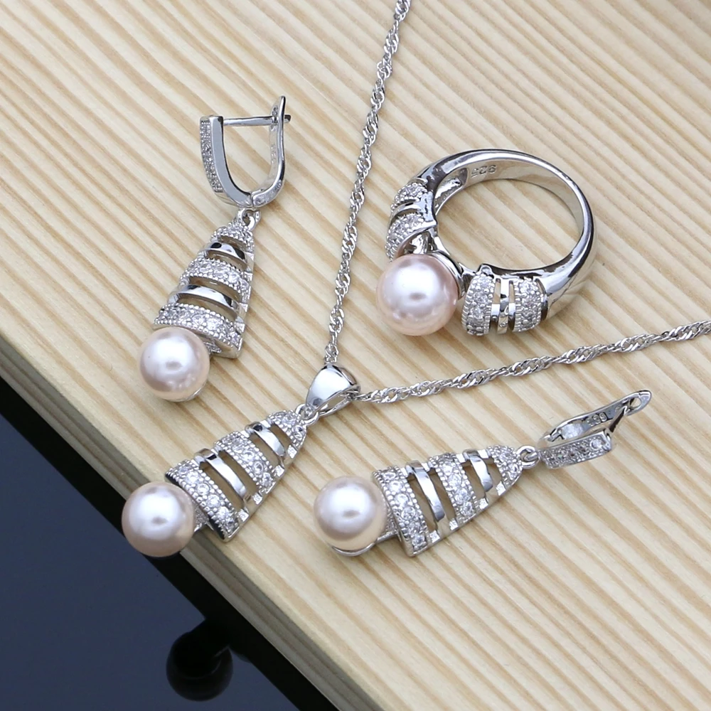 Pink Pearls Jewelry Sets 925 Silver Bridal Jewelry For Women Wedding Earrings/Pendant/Rings/Necklace Set