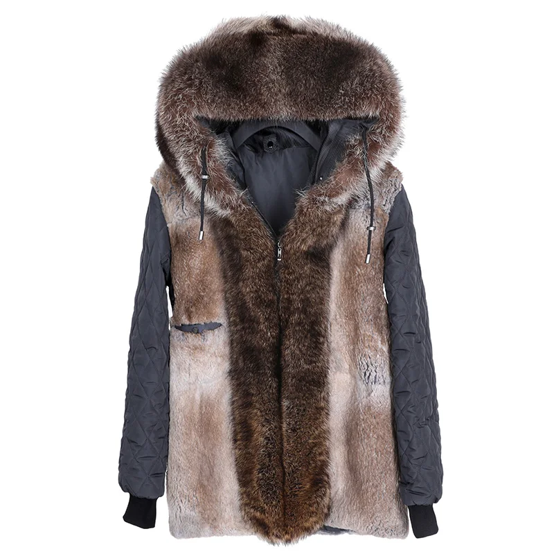 2020 new rabbit fur liner pie overcoming mid-length hooded raccoon fur collar overcoming coat men