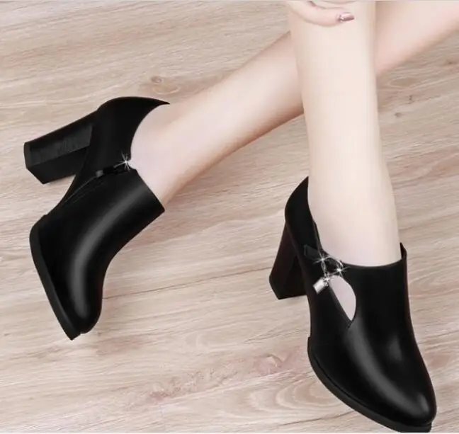 Women Shoes Autumn Winter PU Leather Pointed Toe Thick High Heel Solid Mom Shoes lace up Wedding Female Pumps Boots Plus Size