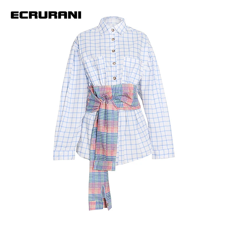 

ECRURANI Patchwork Casual Shirts For Women Lapel Long Sleeve Hit Color Bowknot Single Breasted Blouses Females New Clothing 2021