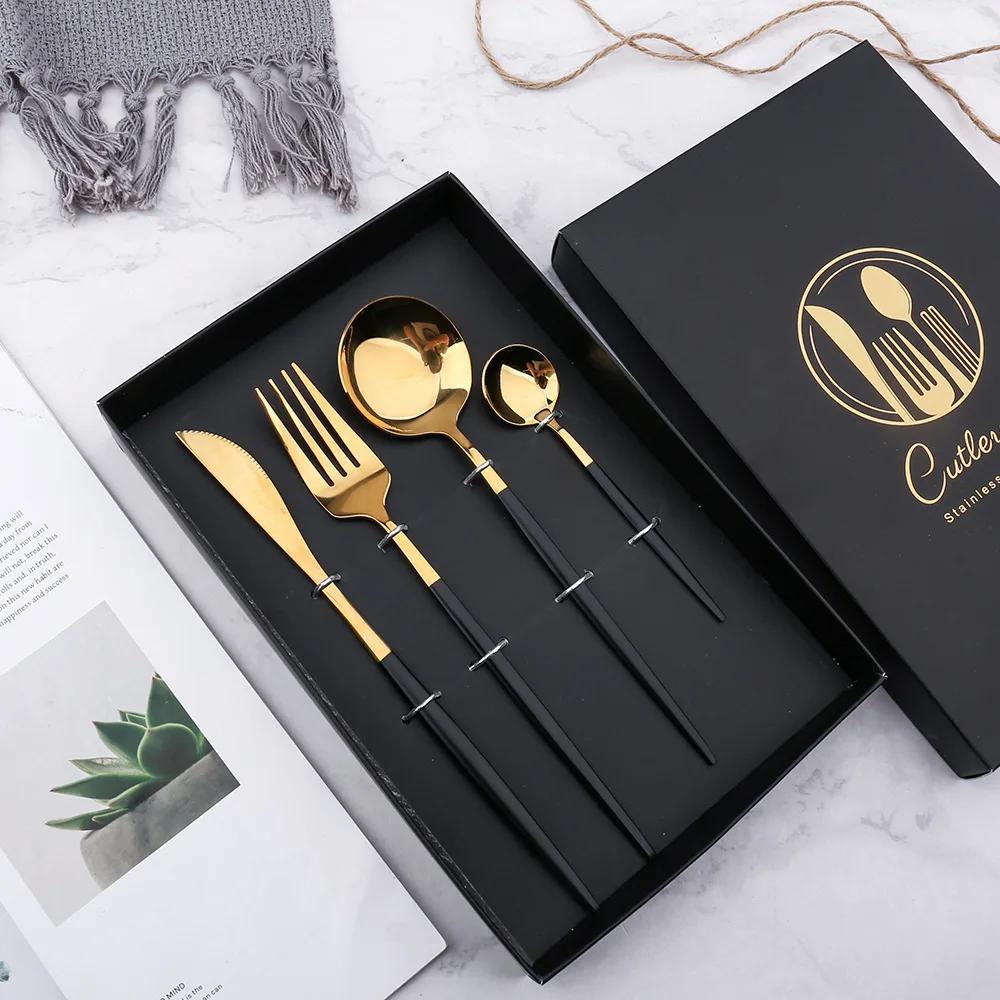4Pcs 304 Stainless Steel Golden Cutlery Set Black Luxury Dinnerware Spoons Knives Kitchen Mirror Polishing Fork
