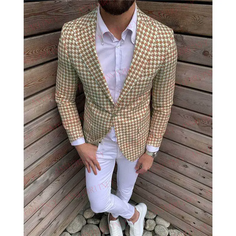 

2020 Houndstooth Men Suit 2Pcs Set Tailored Slim fit Groom Tuxedo Blazer Plus Size Wedding Suits for Men Fashion Jacket Pants