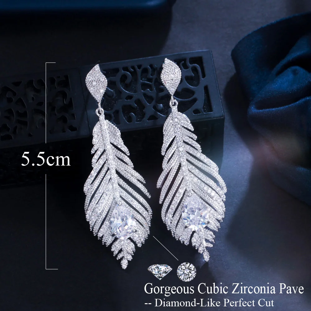 CWWZircons 2023 Trend Designer Cubic Zirconia Long Dangle Feather Earrings for Women Engagement Party Wedding Jewelry Gift CZ977