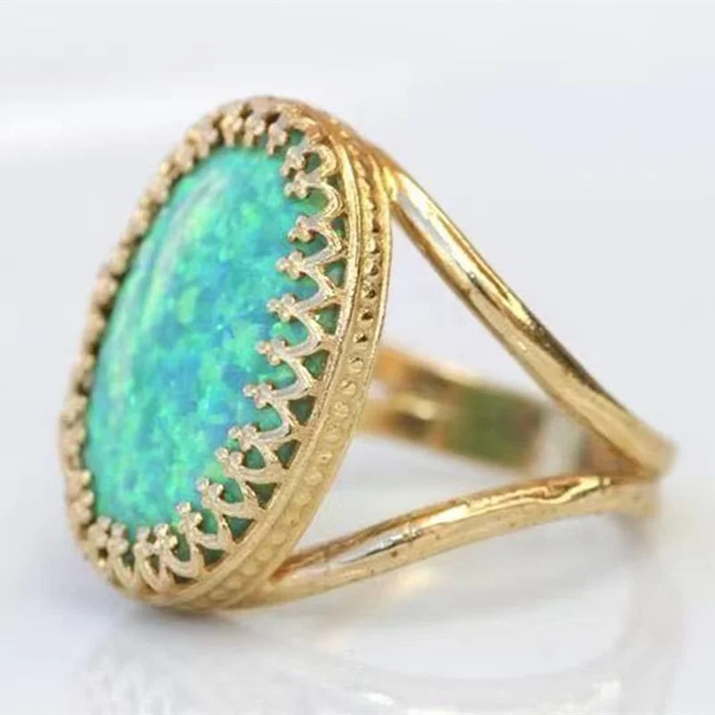 Trendy Ladies Gold Color Inlaid Geometric Oval Opal Copper Finger Ring for Women Female Party Jewelry Size 5-11