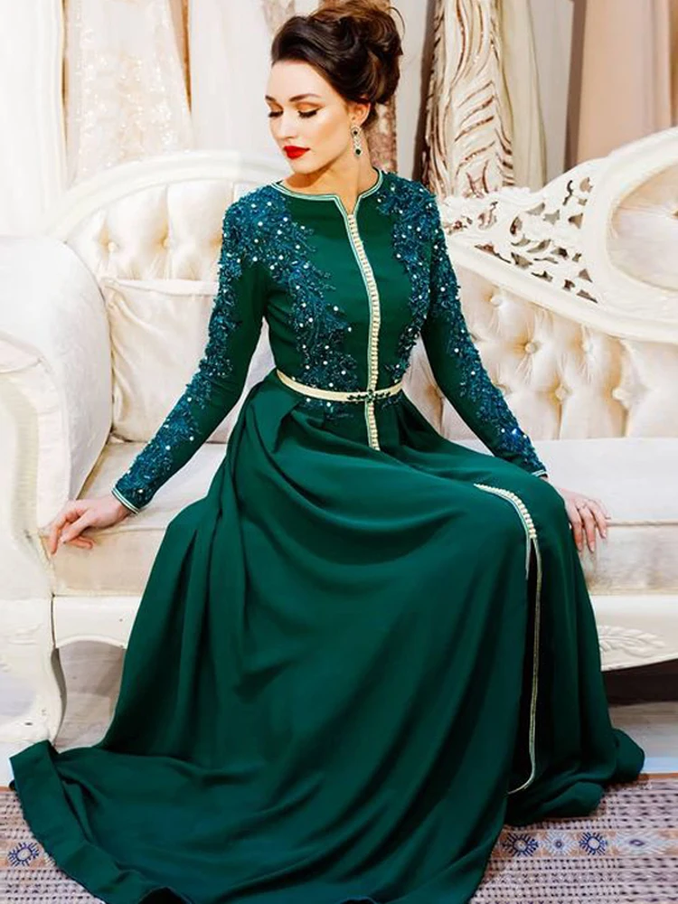 

Green Muslim Evening Dresses A-line Long Sleeves Appliques Beaded Islamic Dubai Kaftan Abaya Saudi Arabic Long Evening Gown