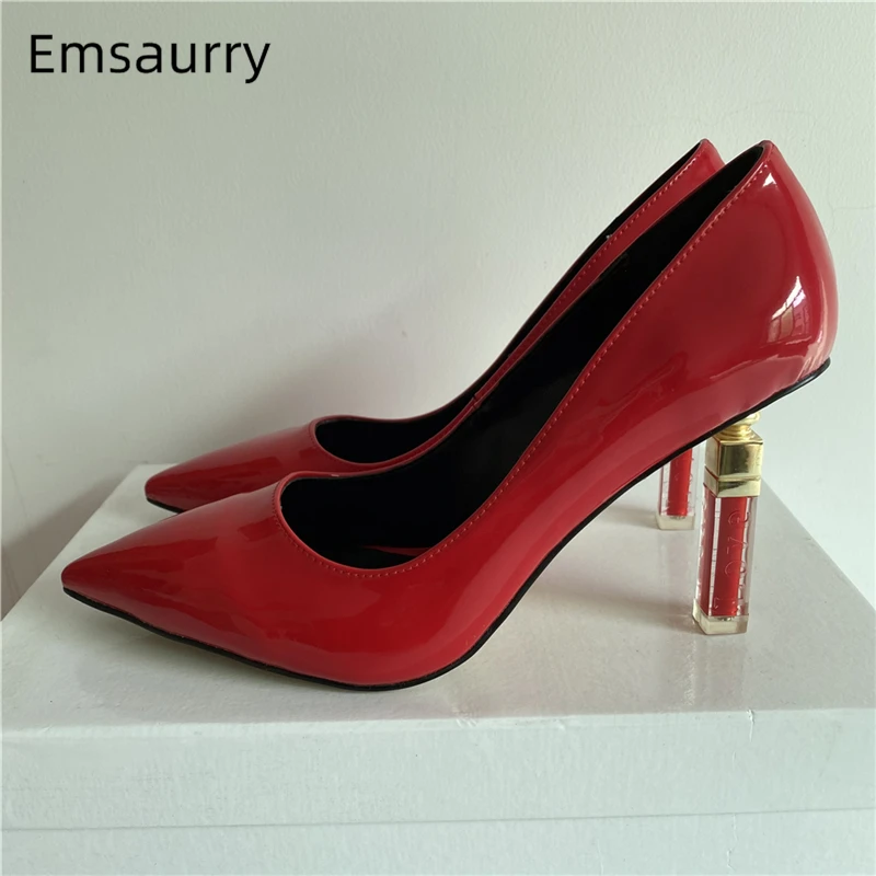 Novelty Carved Lipstick Heel Women Pumps Luxury Patent Leather Sexy Point Toe Slim Dress Shoes For Girls Spring