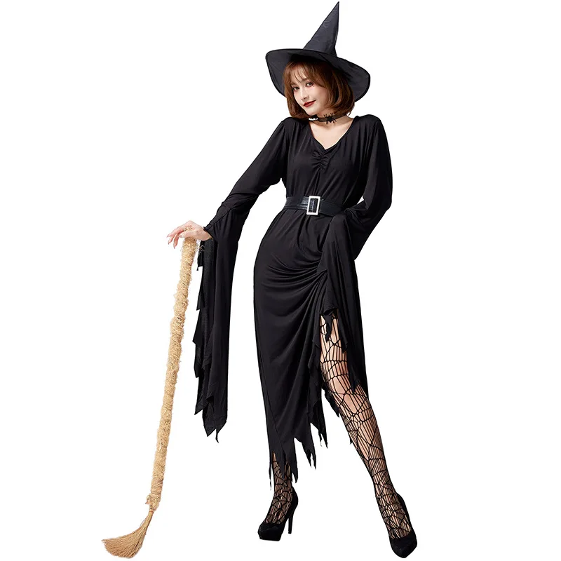 Halloween Women Witch Costume Evil Witch Cosplay Outfit Carnival Masquerade Irregular Black Fantasia Dress With Hat