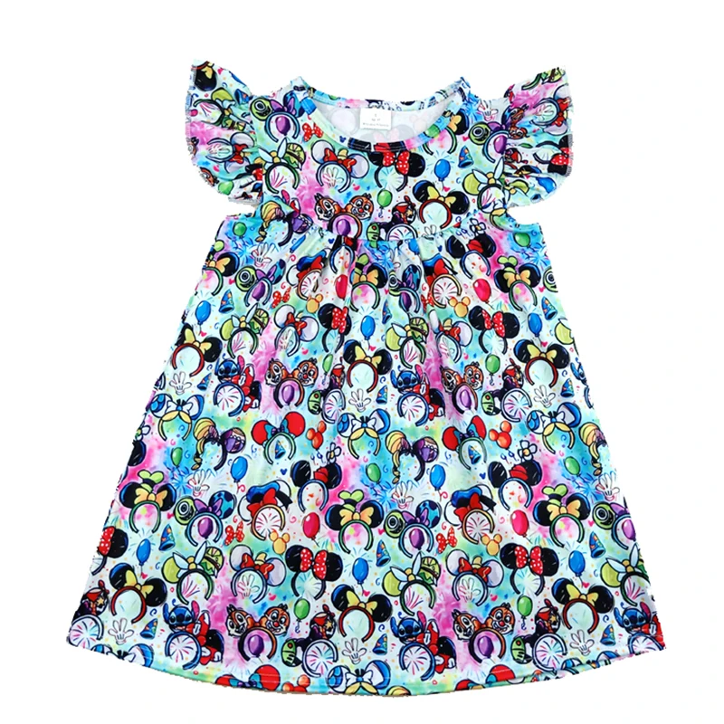 

Disney Summer New Design Children Girls Clothes Baby Kids Blue Mickey Head Ears Print Dress Flutter Sleeve Milksilk Dress Girls