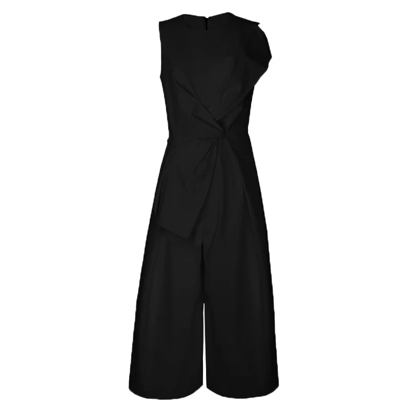 CHICEVER Patchwork Casual Jumpsuit For Women O Neck Asymmetrical Sleeveless High Waist Cross Loose Black Jumpsuits Female Summer