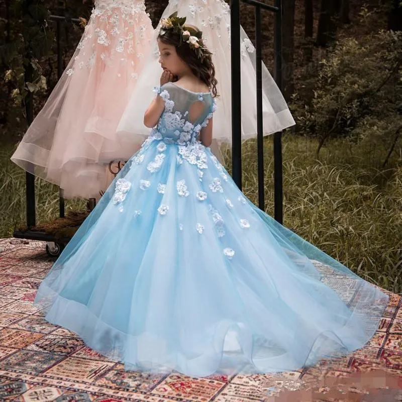 Handmade Puffy Mädchen Pageant Ballkleid Crew Neck Spitze Himmel Blau Lange Kinder Blume Mädchen Kleider Für Hochzeit Formale Partei tragen