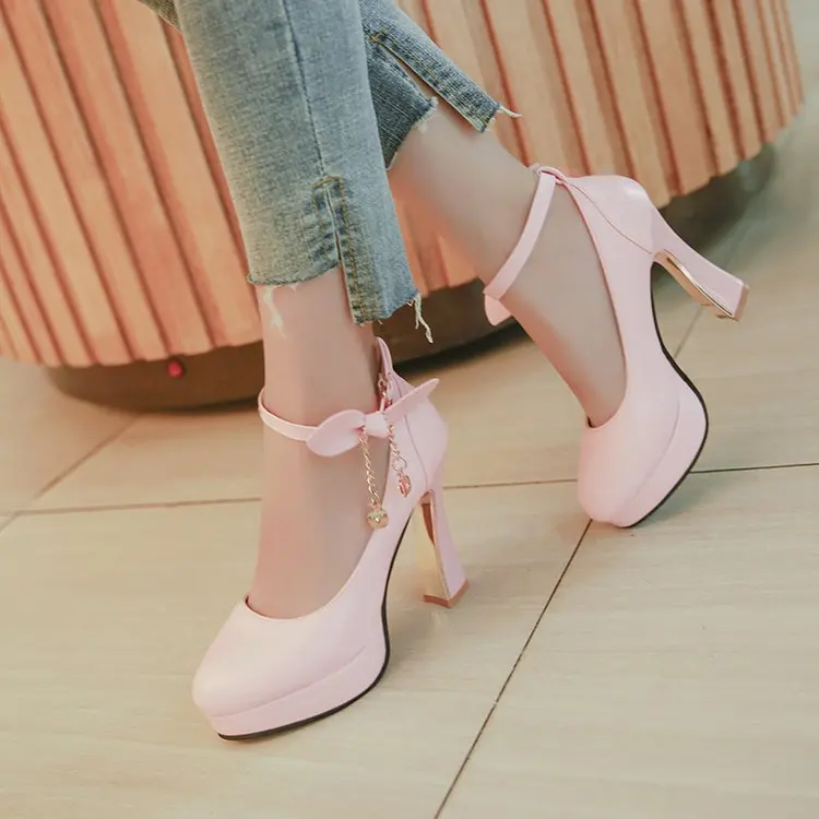 Thick platform high heels lolita shoes bow female shoe heels women\'s shoes heel thick crust Pink female shoes woman party