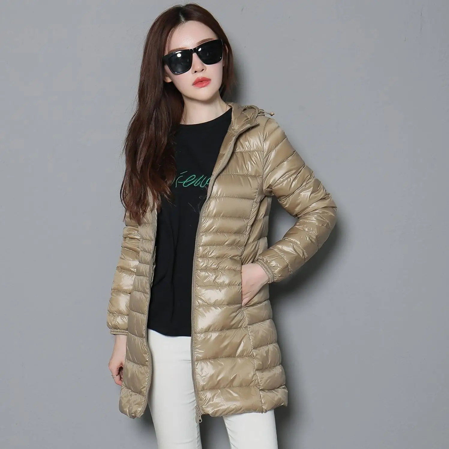 Casaco longo de pato branco para mulheres, casacos com capuz, parkas acolchoados, ultra leve, portátil, feminino, 0-10 ℃, inverno