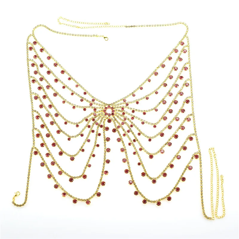 

Sexy Red And Blue Rhinestone Tassels Bra Chain Bikini Three-Point Underwear Chain Beach Outfit Europe And America Body Chain