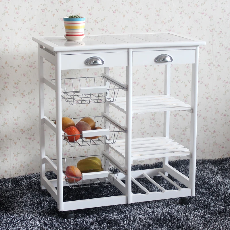 Chariot de rangement blanc pour cuisine et salle à manger, 2 tiroirs, 3 paniers, 3 étagères avec roulettes