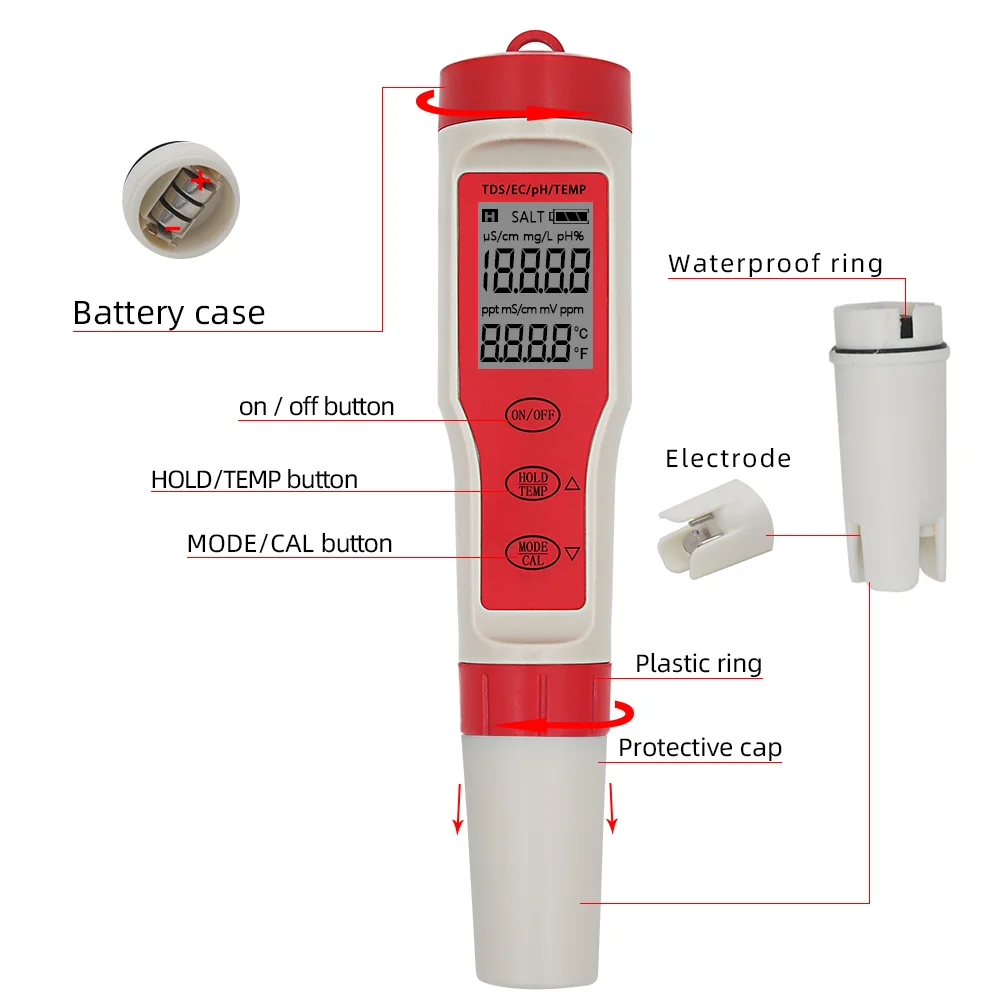 Professional Digital Water Tester 4 in 1/3 in 1 Test EC/TDS/PH/TEMP Water Quality Monitor Tester Kit for Pools Drinking Water