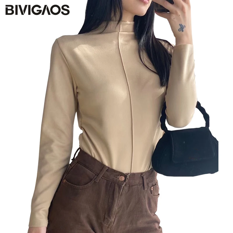 BIVIGAOS Fall Winter 16 Colors Thick Velvet Bottoming Shirt Women Casual Warm Midline Tops Half High Collar Long-Sleeved T-shirt