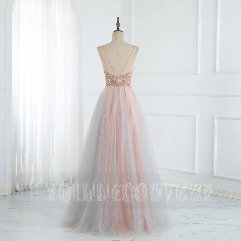 Gaun Prom Panjang Merah Muda Manis Gaun Pesta Tanpa Punggung Berpayet Tulle Glitter Spaghetti Manik-manik Robe De Soiree