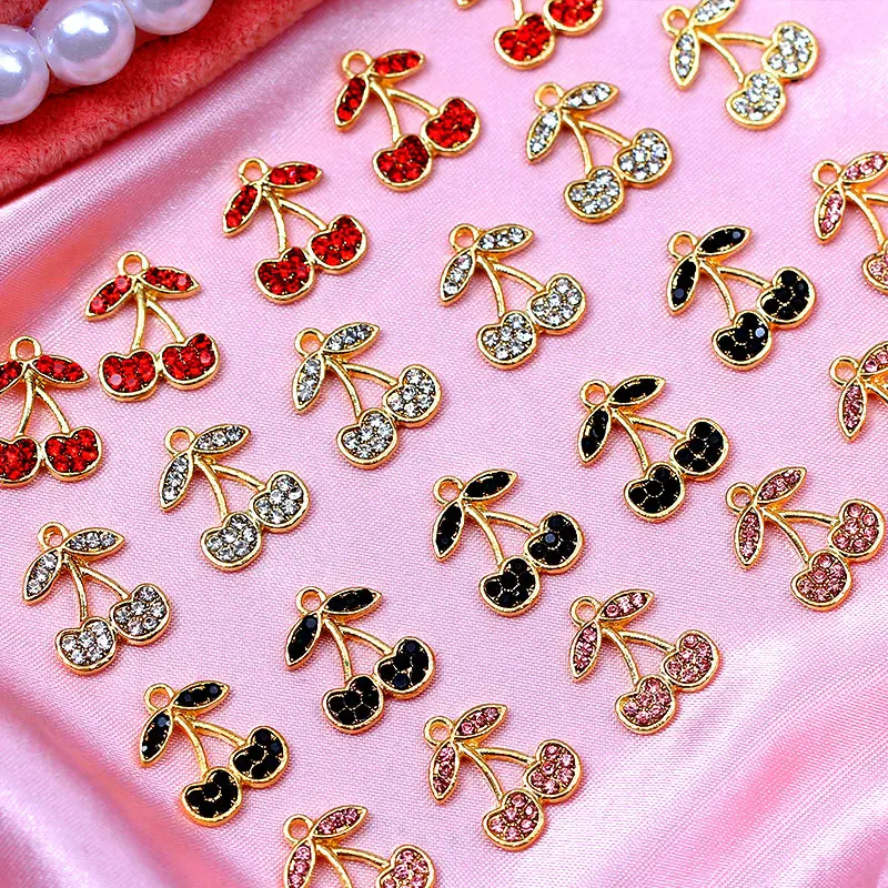 10Pcs/Set Shining Cherry Crystal Jewelry Accessories Gold Color Fruit Rhinestone Charms Handmade DIY Earrings Pendant Necklaces