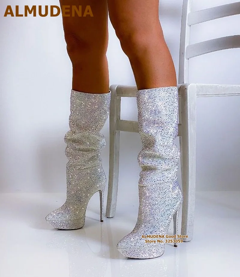 Almudena bling prata cristal joelho botas altas saltos stiletto plataforma glitter strass sapatos de casamento outono inverno botas