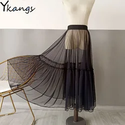 2020 kadın seksi Mesh şeffaf uzun tül etek kore moda yaz bayanlar elastik yüksek bel siyah beyaz plaj Midi etek