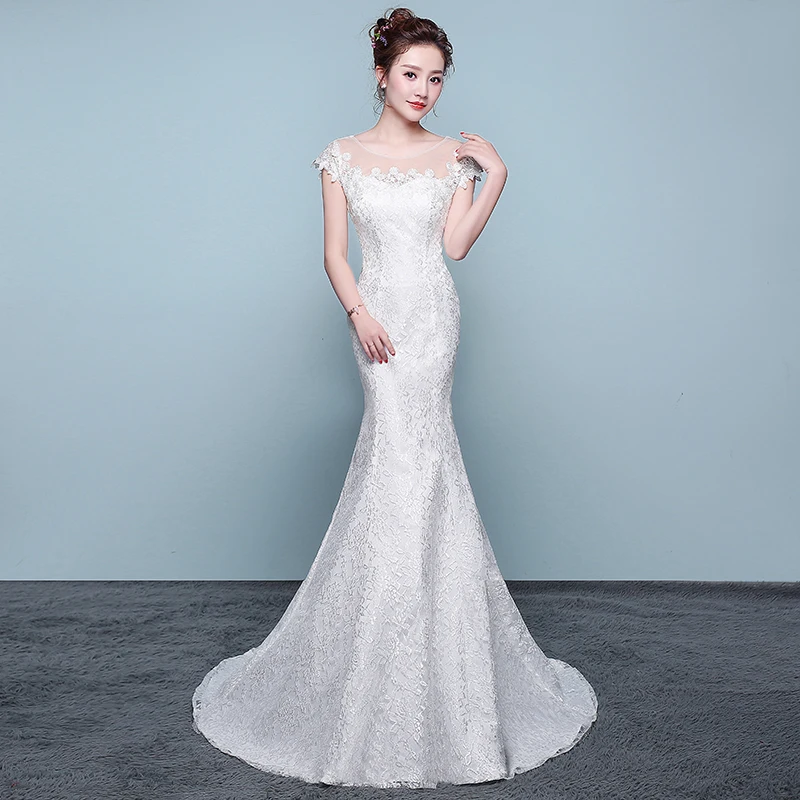 AnXin SH prinzessin braut weiß spitze meerjungfrau hochzeit kleid vintage o neck illusion türkei blume weiß trompete hochzeit kleid