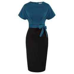 Jasambac abito a tubino manica corta da donna tinta unita contrasto O collo abito longuette con cintura primavera estate Office Lady Workwear