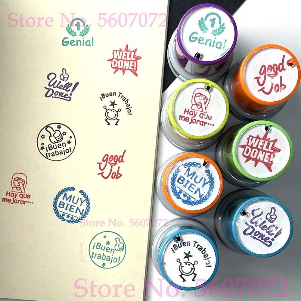 20mm Cartoon  Spanish Teachers Stamp Self inking Photosensitive Seal for homework  Kids  buen trabajo Genial  School Assessment