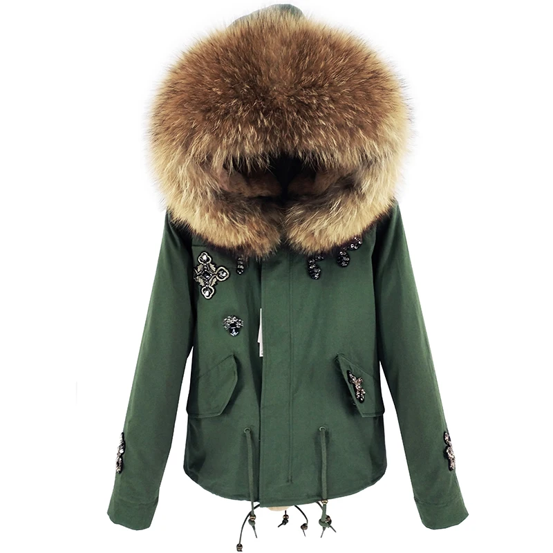 New women's jacket embroidery handmade beaded winter coat oversized raccoon fur collar fashion hooded fur liner thickening