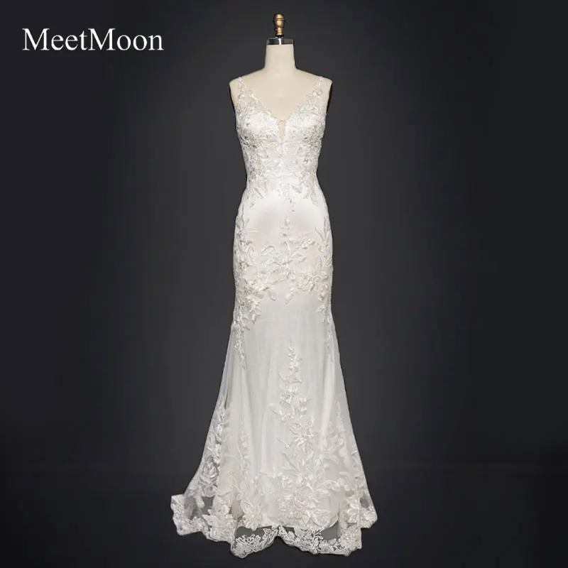 MeetMoon-vestido de novia elegante hecho a mano, con tirantes finos, cuello en V, sirena, Apliques de encaje