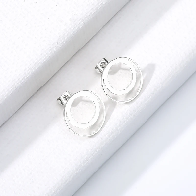 Stainless Steel Bijoux Geometric Circle Stud Earrings Rose Double Round  Earrings For Women