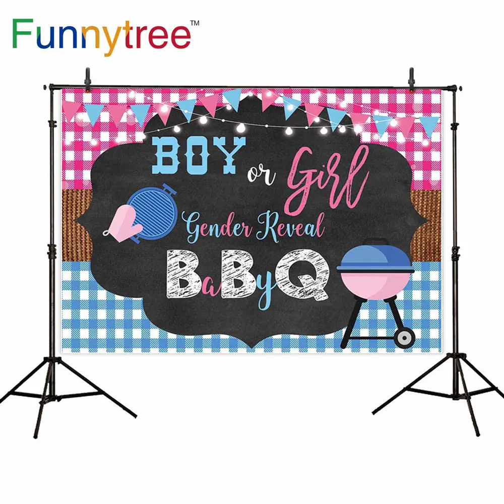 Funnytree Gender Reveal Boy or Girl Baby Shower Blue and Pink Lattice Party Banner  Backdrop Newborn Background for Photocall