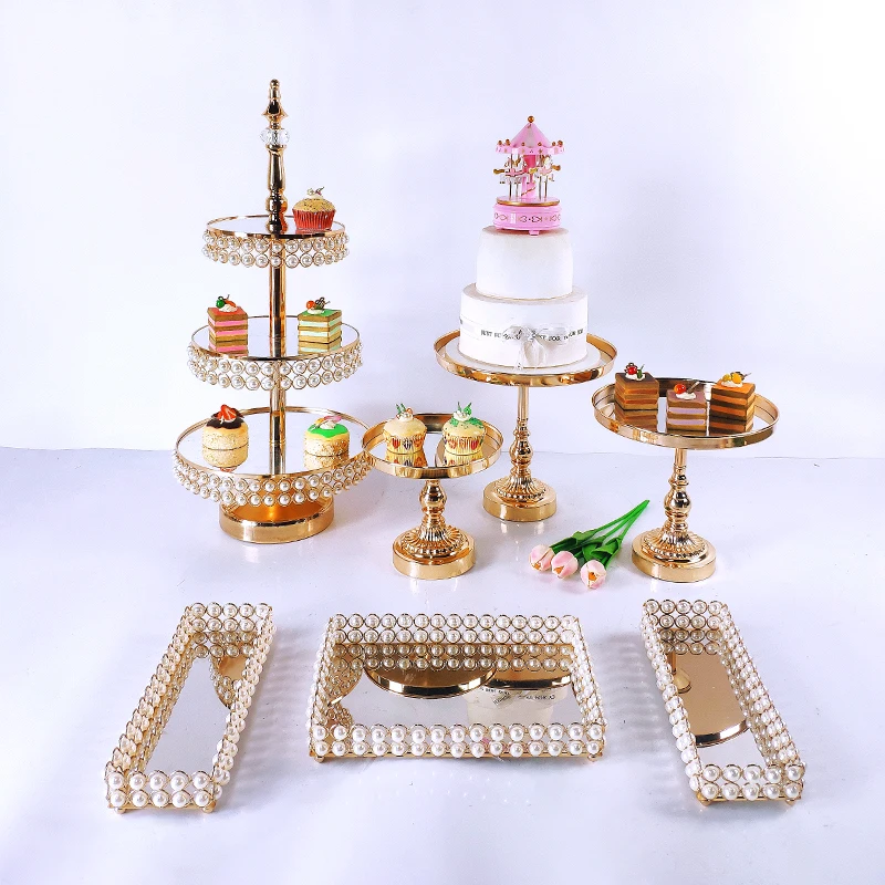 

7pcs Cake Stand Set Beautiful Tray 3 Tier Gold Cupcake Dessert Display Decoration Tools Wedding Acrylic Mirror