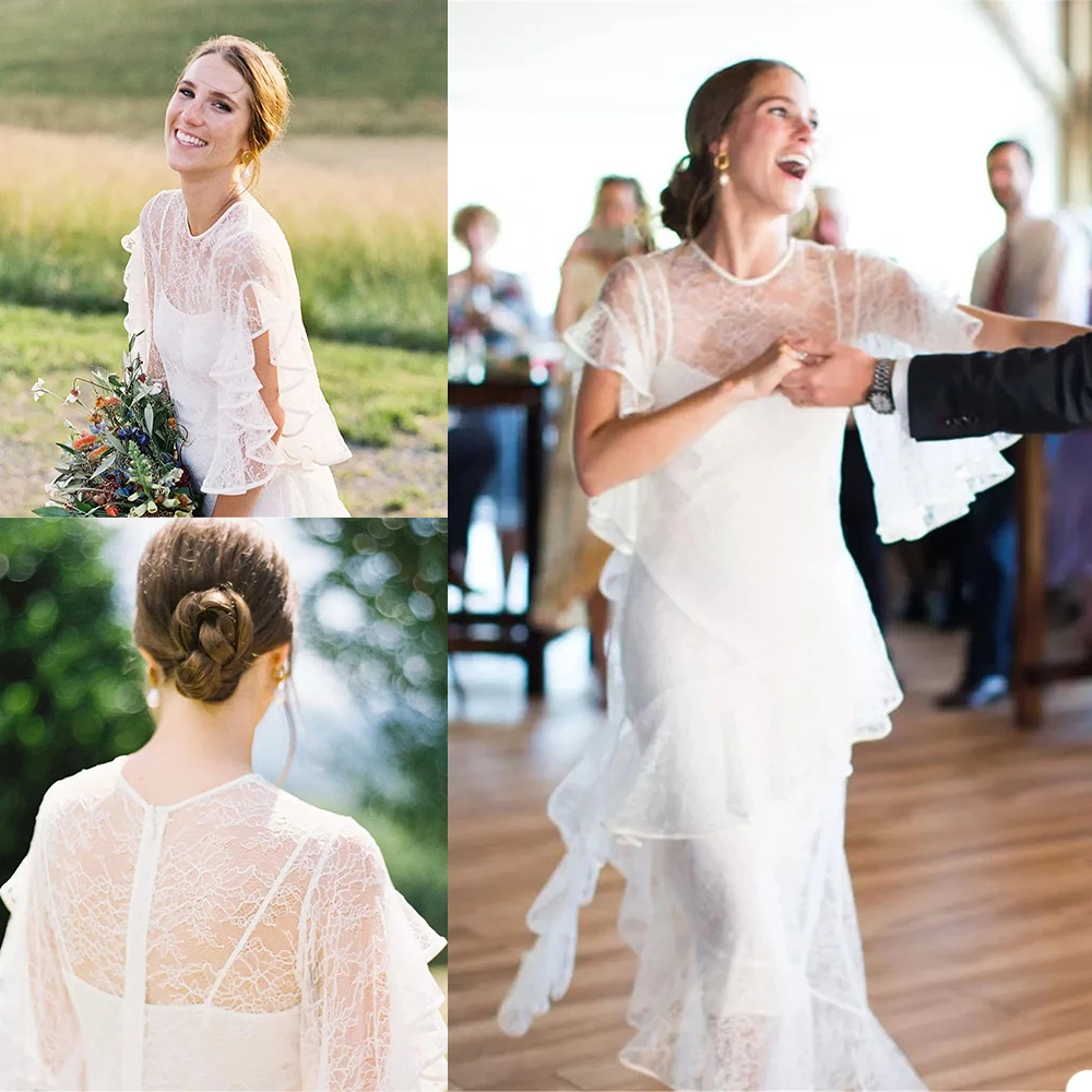 Negara Tingkat Putri Duyung Gaun Tipis O-neck Chiffon Gaun Pengantin Pergelangan Kaki Panjang Ritsleting Belakang Pernikahan Gaun Vestidos De