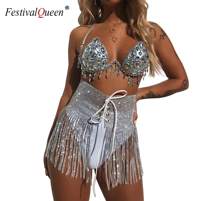 FestivalQueen Women's Rhinestone Sequins Tassel Mini Skirt Handmade Lace Up High Waist Nightclub Party Festival Sexy