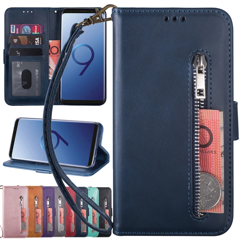 Zipper Leather Wallet Case With Hand Strap For Samsung Galaxy S21 S20 Plus/Ultra S20 FE S10 E S9 Plus Note 20 Ultra 10 Plus/Lite