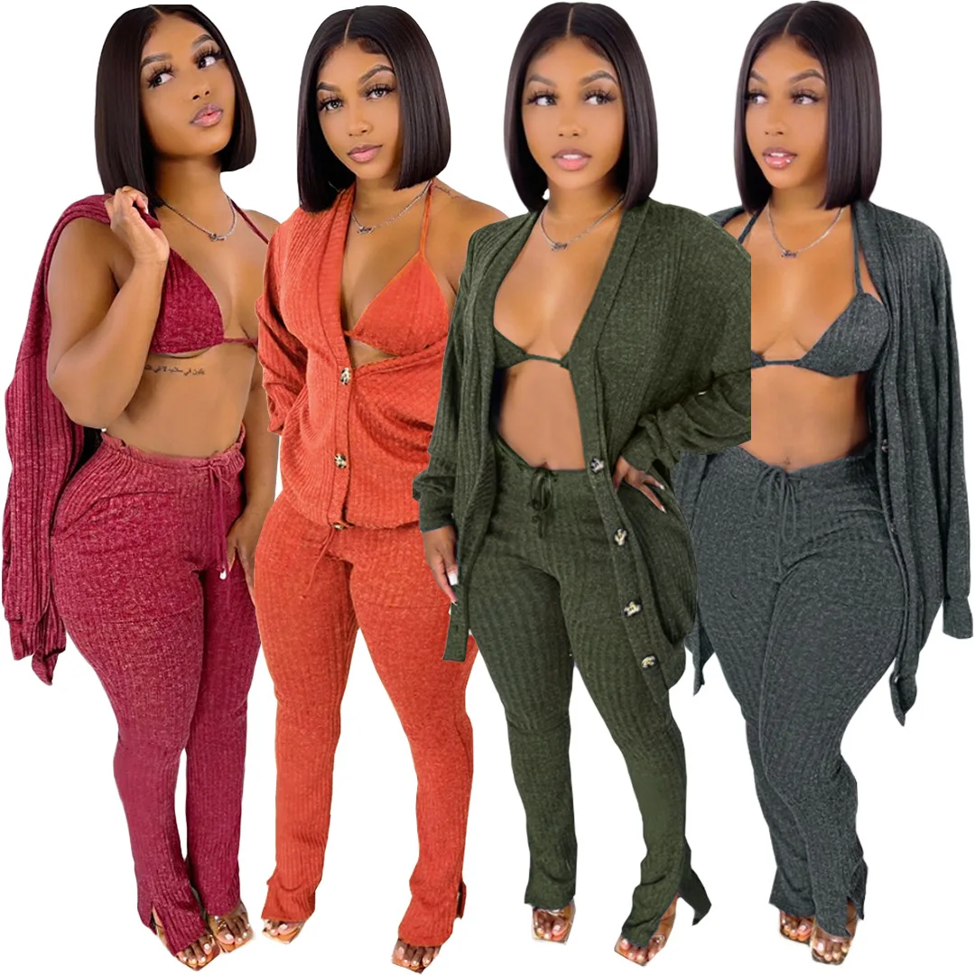 2021 Winter New Women Knitted Three-piece Set Sexy Button Up Sweater Jacket+Bra + Bodycon Pants Party Club Outfits