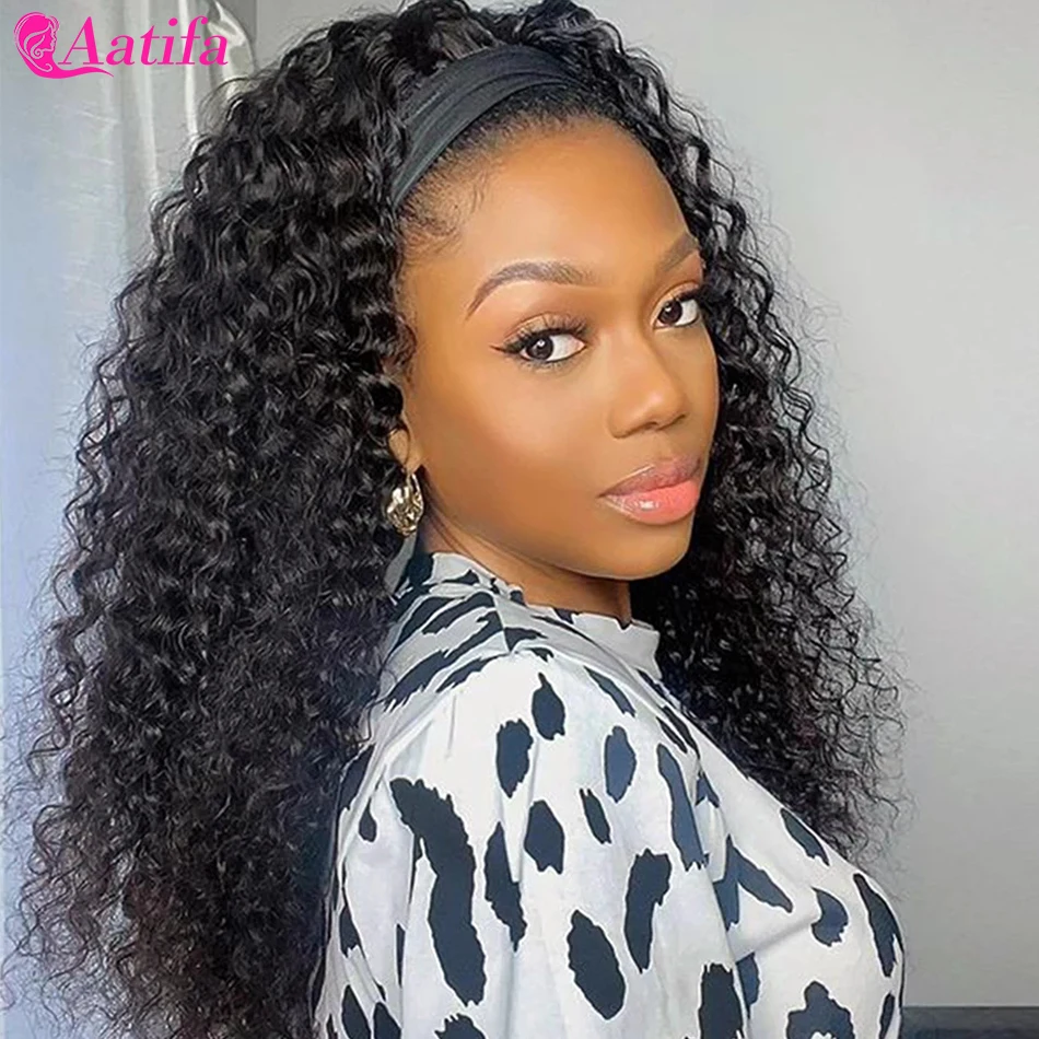 30Inches Human Wigs Brazilian Deep Wave Headband Wig Human Hair Aatifa Natural Hair Wig 100% Human Hair Headband Wigs With Scarf