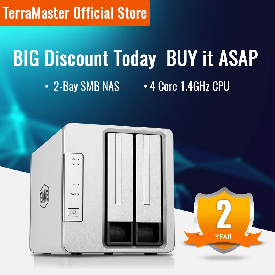 TerraMaster F2-210 2-Bay NAS Quad Core Network Attached Storage Media Server Personal Private Cloud (Diskless)