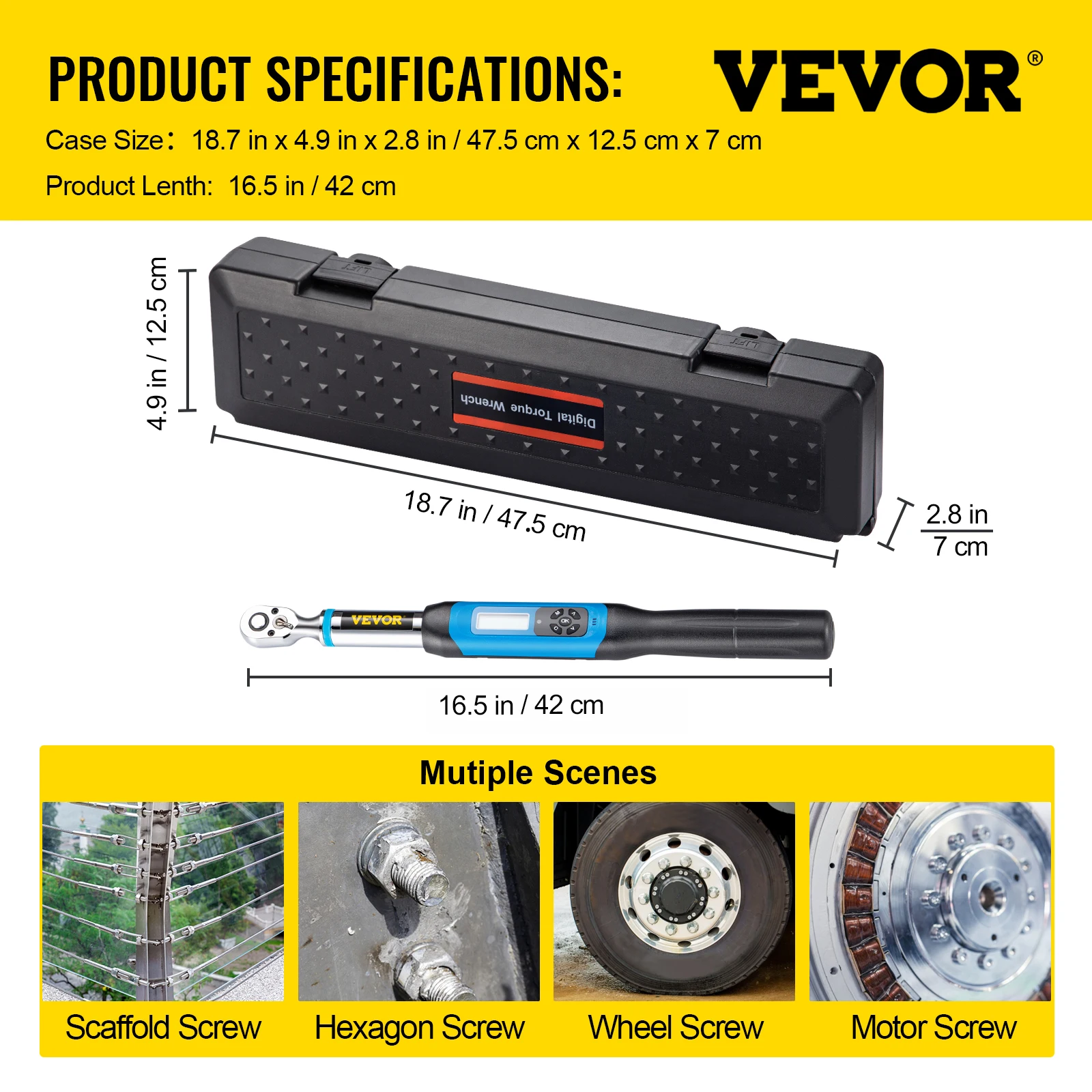 VEVOR Kit chiave dinamometrica digitale 3/8in testa a cricchetto bidirezionale strumenti manuali per riparazione biciclette regolabili professionali 6.8-135 N-m